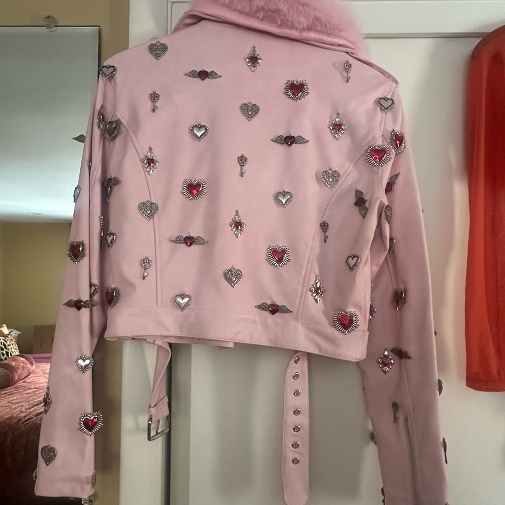 Dolls Kill Sugar Thrillz Cupids Arrow Embellished Faux Fur and Leather Moto Rare - Picture 2 of 11